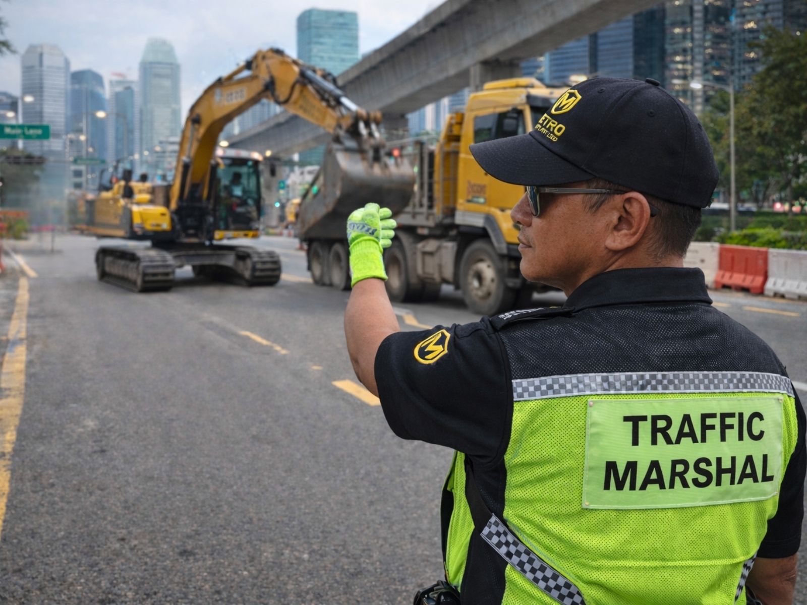 Traffic marshal directing traffic at road closure